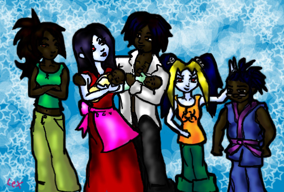 from left to right: Rai'm, Jazz, the twins, Daenj'r, Jenna, and Kodi Rae (1st gen)